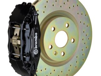 Brembo 05-14 Mustang GT Excl non-ABS Equipped Fr GT BBK 4Pist Cast 2pc 355x32 1pc Rtr Drill-Black